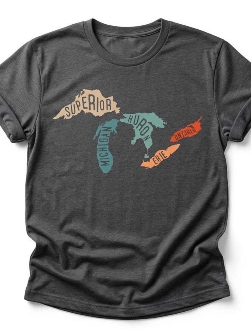 Charcoal Tee with Cream, Teal & Orange Great Lakes Graphic